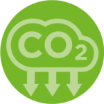Icon of carbon dioxide emissions "cloud" with arrows pointing down showing reduction