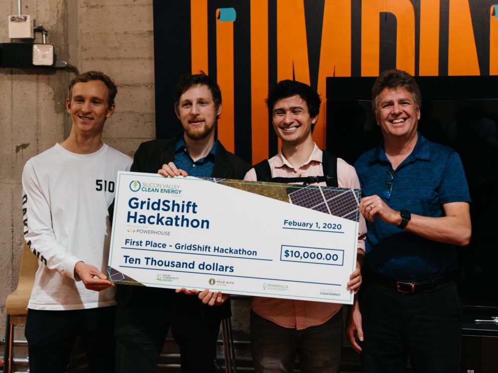 Four men holding a large $10,000 check - excited