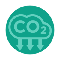 Icon of carbon dioxide emissions "cloud" with arrows pointing down showing reduction