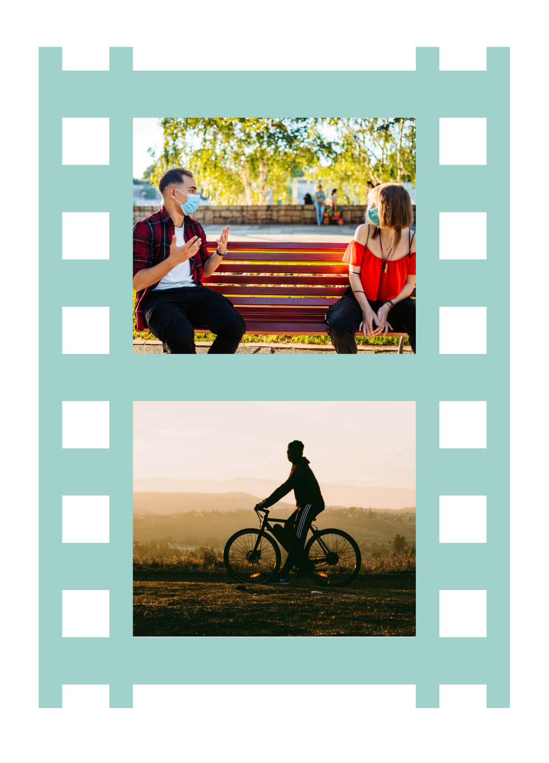 Image of neighbors sitting on park bench and youth riding a bicycle at sunset