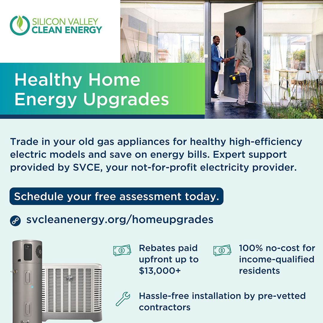 Hình ảnh quảng cáo cho Silicon Valley Clean Energy, giới thiệu dịch vụ nâng cấp năng lượng. Các điểm nổi bật bao gồm: Các Khoản Hoàn Tiền , đánh giá miễn phí và lắp đặt dễ dàng.